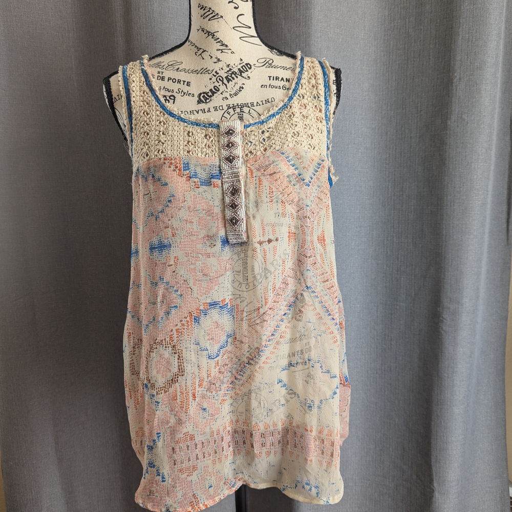 Boho Chic Sleeveless Top - Cream and Pink